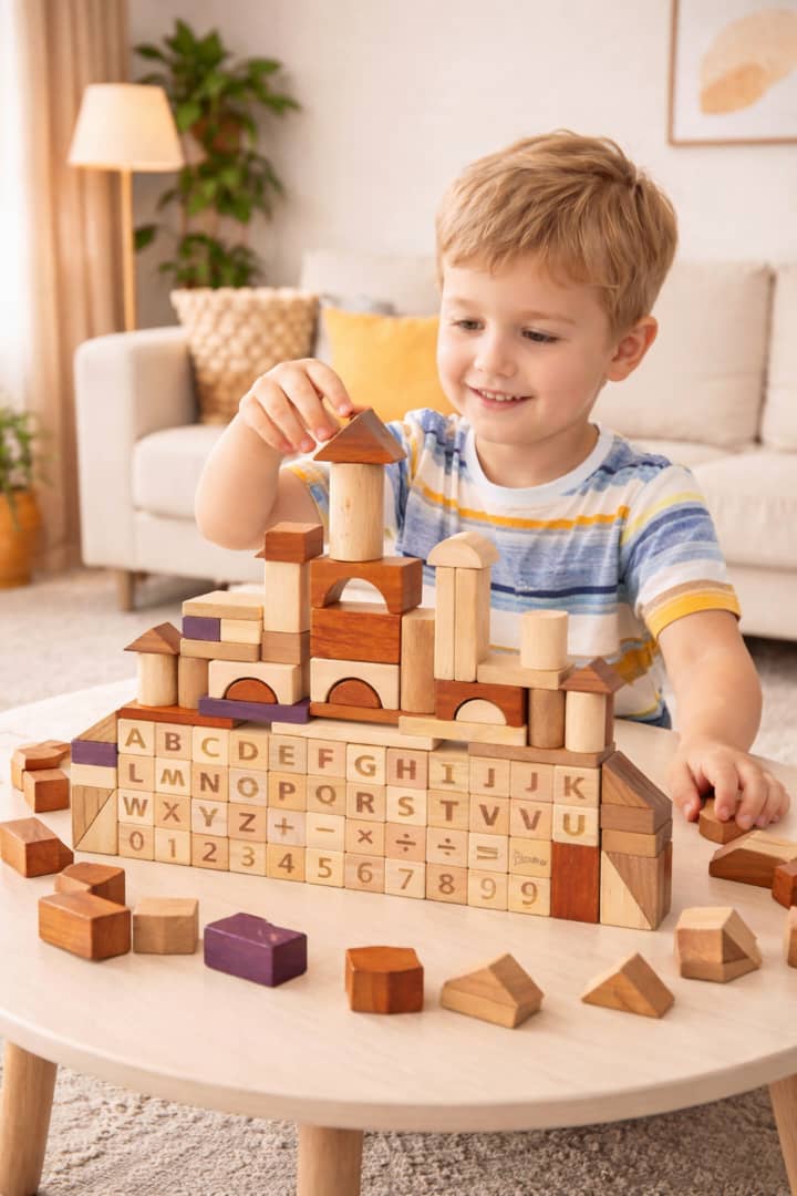 Jeu éducatif en bois 3-en-1 (Alphabet + Chiffres + Construction)