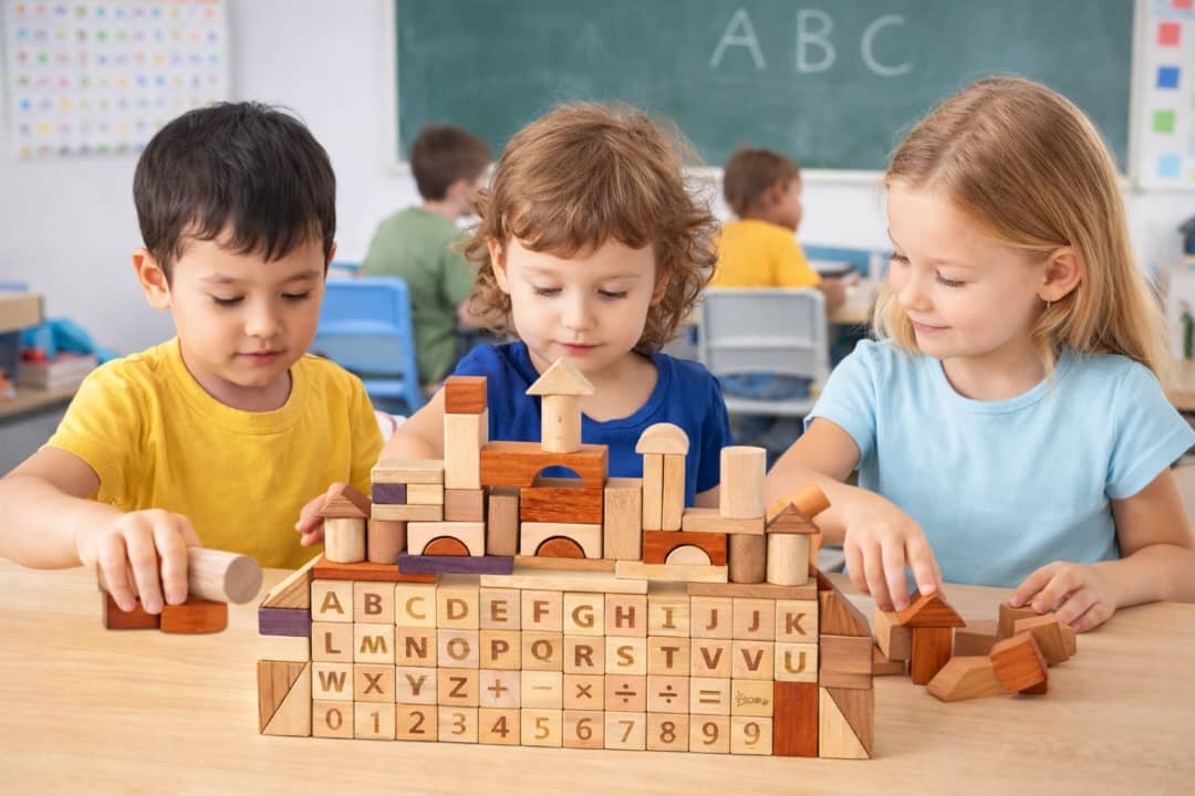 Jeu éducatif en bois 3-en-1 (Alphabet + Chiffres + Construction)