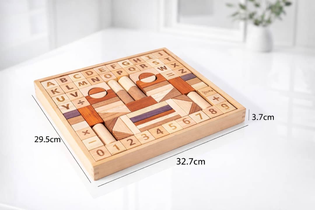 Jeu éducatif en bois 3-en-1 (Alphabet + Chiffres + Construction)